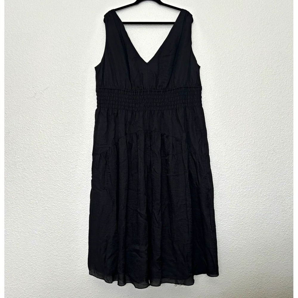 Vince midi Dress Womens 1X Black Smocked Waist V-Neck Tiered Tencel VI859351503